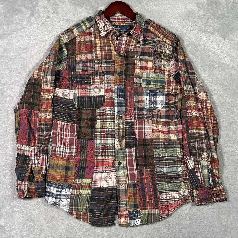 Polo Ralph Lauren Shirt Mens M Paisley Patchwork Madras Plaid Epaulet Pockets - Picture 2 of 11